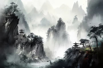 Fototapeten Landscape painting with Chinese ink showcasing artistic expression. Generative AI © Kato