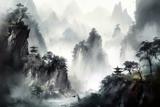 Landscape painting with Chinese ink showcasing artistic expression. Generative AI