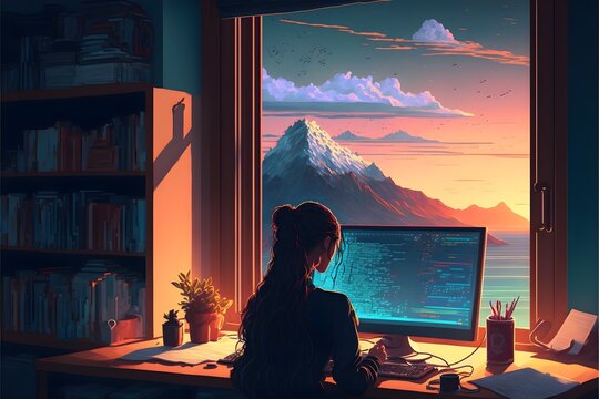 Woman Programmer Writes Code At The Computer Working At Home In Room Window View Mountains And Sea Fantasy Style Soft Colors 3D Intricately Detailed 8k 