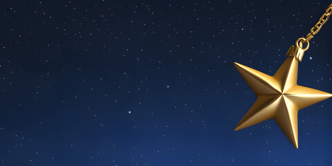 Golden Christmas star hanging on a chain on a starry night background