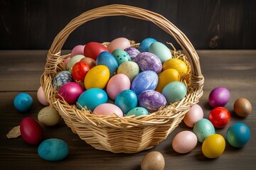 Fototapeta na wymiar Circular Easter basket filled with vibrant eggs. Generative AI
