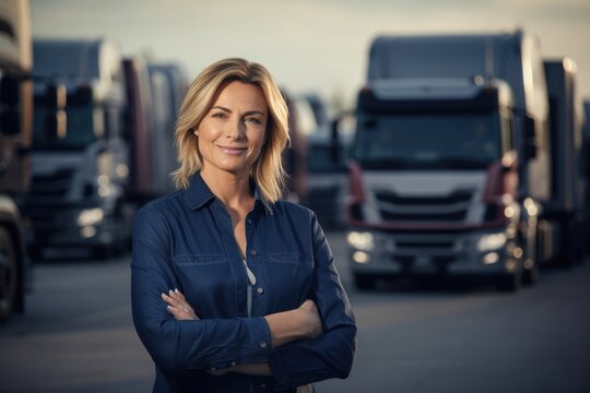 Portrait of beautiful woman professional truck driver