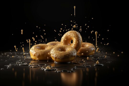 Realistic image of falling sugar donuts on black. Generative AI