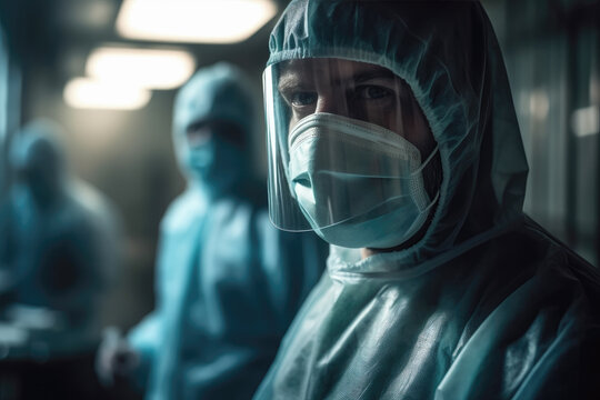 científicos vestidos con equipos de protección integral en laboratorio, concepto pandemia