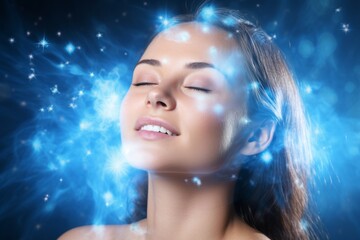 Young woman relax soul dreams cervical bones brain intelligence connections X-ray smile science background thoughts pleasure bliss closed eyes mind sense meditation harmony medical diagnostic enjoy