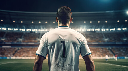 Back view of soccer player standing on the edge of football field