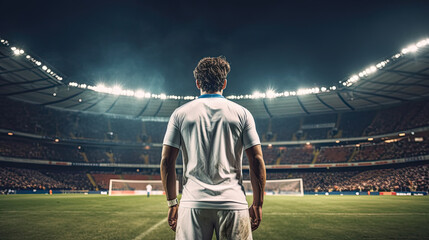 Back view of soccer player standing on the edge of football field - obrazy, fototapety, plakaty