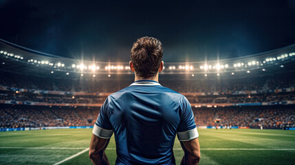 Back view of soccer player standing on the edge of football field - obrazy, fototapety, plakaty
