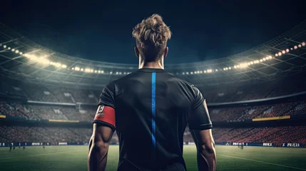 Fotobehang Back view of soccer player standing on the edge of football field © PaulShlykov
