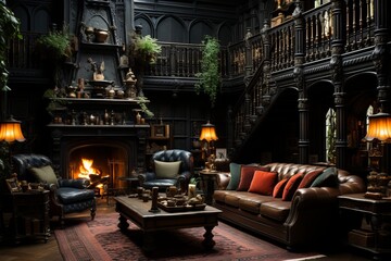 Gothic Revival living room with dark, dramatic furnishings and intricate architecture