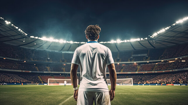 Fototapeta Back view of soccer player standing on the edge of football field