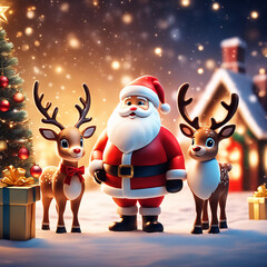 Obraz na płótnie Canvas Santa Claus and reindeer with christmas gifts. cartoon style