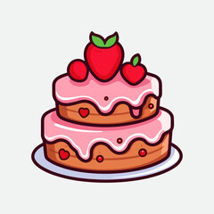 Vector colorful sweet cake isolated on white or transparent background. Cute birthday cake decorated with cream topping, fruit.