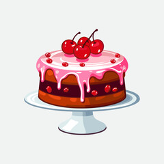 Vector colorful sweet cake isolated on white or transparent background. Cute birthday cake decorated with cream topping, fruit.