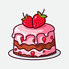 Vector colorful sweet cake isolated on white or transparent background. Cute birthday cake decorated with cream topping, fruit.
