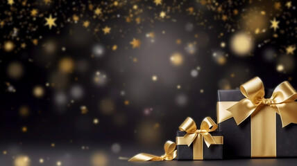 Merry Christmas Happy Holidays greeting card black gift boxes with gold ribbons againsta black stary background xmas banner New Year Christmas Noel top view festive christmas image