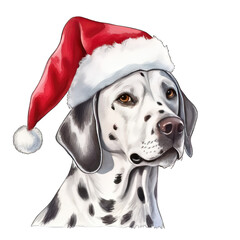 Dalmatian dog wearing santa claus hat, isolated on transparent background