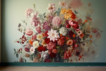 Flowers on wall in room. Generative AI