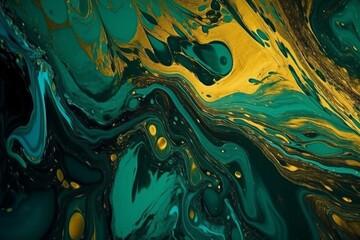 Swirling liquid in vibrant turquoise and yellow hues, shimmering with gold glitter. Modern banner design. Generative AI