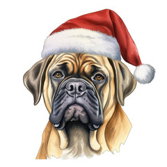 Bulldog wearing santa claus hat, isolated on transparent background
