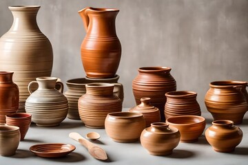 Fototapeta na wymiar A set of pottery isolated on a white background Wide photo.
