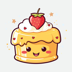 Vector colorful sweet cake isolated on white or transparent background. Cute birthday cake decorated with cream topping, fruit.