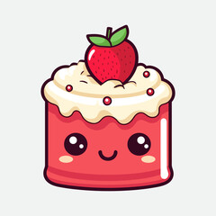 Vector colorful sweet cake isolated on white or transparent background. Cute birthday cake decorated with cream topping, fruit.