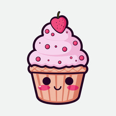 Vector colorful sweet cake isolated on white or transparent background. Cute birthday cake decorated with cream topping, fruit.