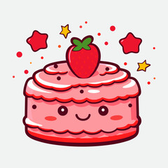 Vector colorful sweet cake isolated on white or transparent background. Cute birthday cake decorated with cream topping, fruit.