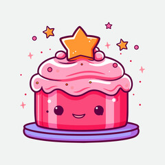 Vector colorful sweet cake isolated on white or transparent background. Cute birthday cake decorated with cream topping, fruit.