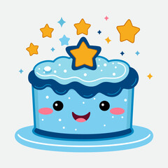 Vector colorful sweet cake isolated on white or transparent background. Cute birthday cake decorated with cream topping, fruit.