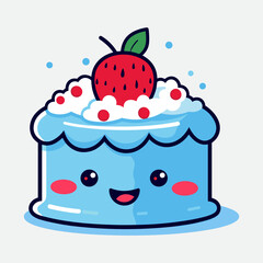 Vector colorful sweet cake isolated on white or transparent background. Cute birthday cake decorated with cream topping, fruit.