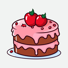 Vector colorful sweet cake isolated on white or transparent background. Cute birthday cake decorated with cream topping, fruit.