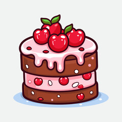 Vector colorful sweet cake isolated on white or transparent background. Cute birthday cake decorated with cream topping, fruit.