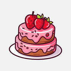 Vector colorful sweet cake isolated on white or transparent background. Cute birthday cake decorated with cream topping, fruit.