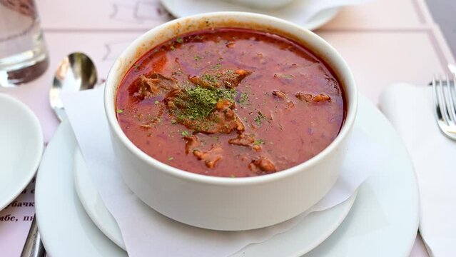 Delicious goulash served in restaurant. Food. Cooked meat.  