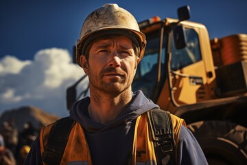 Construction site worker excavator man adult mature male european operator builder mud heavy machinery industrial equipment working engineer professional digging mining carry bulldozer dirt workplace