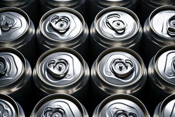 Distinctive metallic can within a cluster of silver recyclable cans, captured from a top-down perspective. Generative AI