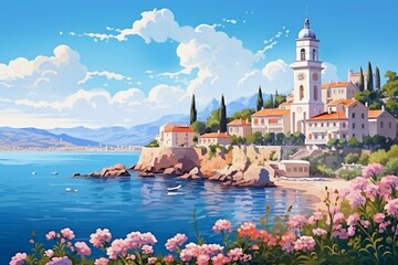 Coastal village with belltowers, flowers, sea. Web banner format. Generative AI - obrazy, fototapety, plakaty