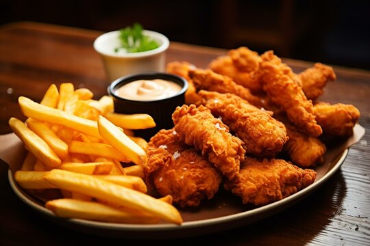 Delicious chicken strips and fries. Generative AI