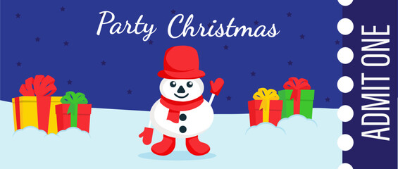 Christmas party ticket, snowman with Christmas gifts