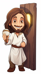 desenho infantil de jesus cristo fofo abrindo a porta para fé cristã
