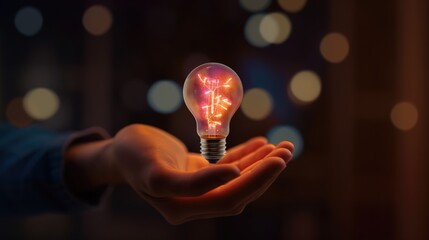hand holding creative light bulb with technology network icon