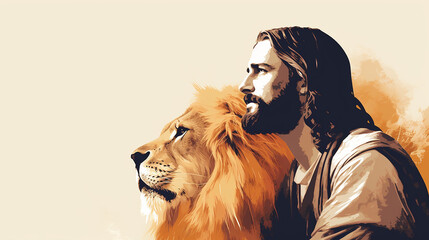 Jesus cristo e leão da tribo de judah, ilustração de fé cristã  - obrazy, fototapety, plakaty