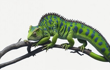 chameleon portrait on a branch, isolated on white background created with generative Ai