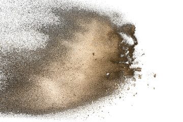 Dry river sand explosion isolated on black background. Abstract sand cloud. Brown colored sand splash against dark background - obrazy, fototapety, plakaty
