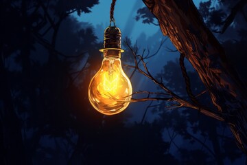 Glowing light bulb dangling from a fraying wire outdoors at night - obrazy, fototapety, plakaty