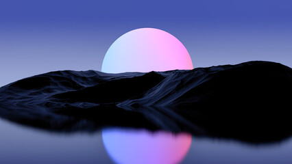 Abstract fantasy landscape planet mountains and water. Night landscape with a planet. 3D render