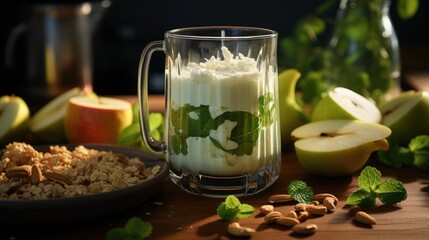 hand pouring healthy apple smoothie from blender jar into glass on wooden table