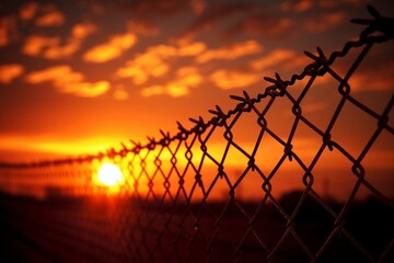 A fence connected during the setting of the sun. Generative AI
